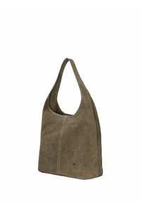 Sac à épaule en daim vert olive doux avec une large bandoulière et un petit logo métallique à l'avant en bas à droite.
