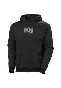 Sudadera negra con capucha y bolsillo frontal, con un logo de camuflaje gris "HH" y el texto "HELLEY HANSEN" en el pecho. Fabricada en mezcla de algodón.