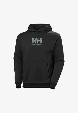 Sweatshirt à capuche noir avec poche frontale, comportant un logo en camouflage gris "HH" et le texte "HELLEY HANSEN" sur la poitrine. Tissu en mélange de coton.