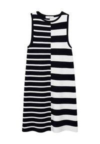 Abito senza maniche a righe bianche e nere con scollo rotondo, caratterizzato da righe verticali di dimensioni uniformi. Tessuto liscio e elasticizzato.