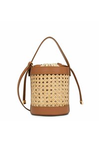 Ronde tas gemaakt van geweven natuurlijk materiaal met bruin leren accenten. Voorzien van een trekkoordsluiting en een enkele leren handvat.