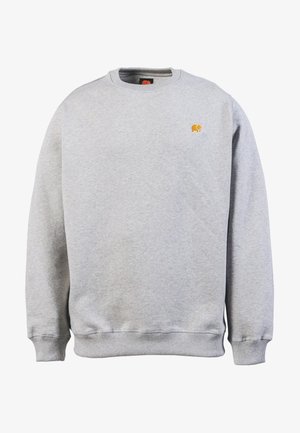 Gray sweatshirt with a ribbed crew neckline, long sleeves, and a small yellow elephant logo on the left chest. Soft fabric texture.