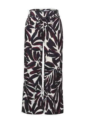 Spodnie o szerokich nogawkach w białym materiale, z dużym czarnym i burgundowym wzorem liści; elastyczna talia z regulacją na sznurku.