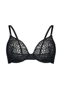 Čierna podprsenka s kostícami z priehľadnej látky so vzorom leopardieho potlače, s nastaviteľnými ramienkami.