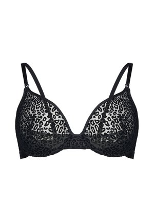 Czarny biustonosz z fiszbinami, wykonany z przezroczystej tkaniny w panterkę, z regulowanymi ramiączkami.