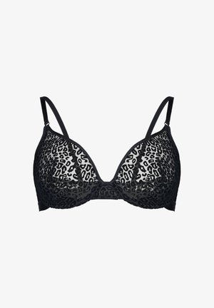 Czarny biustonosz z fiszbinami, wykonany z przezroczystej tkaniny w panterkę, z regulowanymi ramiączkami.