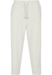 Light gray jogger pants made of soft cotton blend fabric, featuring an elastic waistband with a drawstring, and tapered legs.