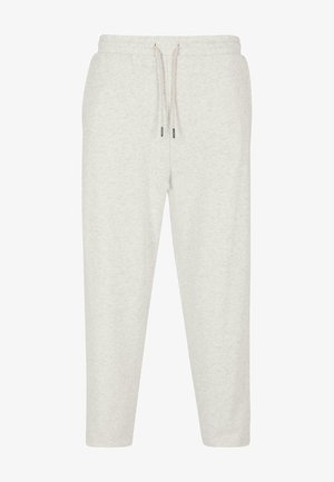 Pantalones joggers de color gris claro, hechos de una suave mezcla de algodón, con una cintura elástica y cordón ajustable, y piernas ajustadas.
