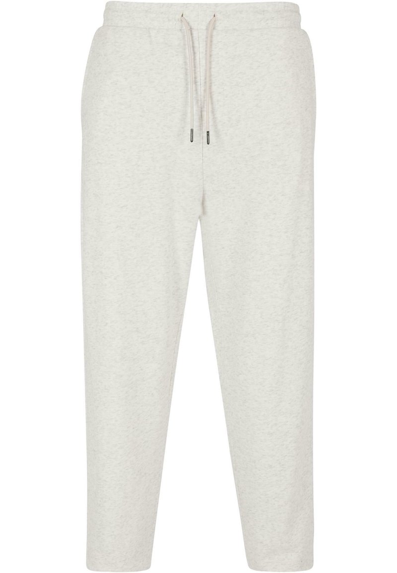 Light gray jogger pants made of soft cotton blend fabric, featuring an elastic waistband with a drawstring, and tapered legs.