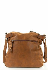 Brun lädercrossbody-väska med en avslappnad design, toppen med dragkedja och en framficka med dragkedja för extra förvaring. Har justerbart rem.