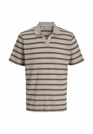 Beige Poloshirt mit kurzen Ärmeln und horizontalen Streifen in Dunkelbraun. Verfügt über einen weichen Kragen und ein V-Ausschnitt-Design. Strukturierter Stoff.