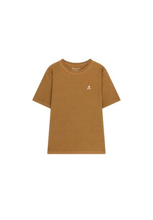 T-shirt en coton marron à manches courtes et col rond. Présente un petit logo blanc de tête de mort et os croisés sur la poitrine.