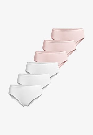 Tre par lyserøde og tre par hvide sømløse dameunderbukser arrangeret i to forskudte rækker.