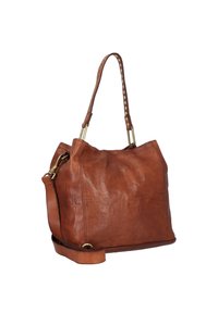 Borsa a tracolla in pelle marrone con una forma morbida, hardware dorato e una tracolla staccabile. Presenta una finitura testurizzata e dettagli cuciti.
