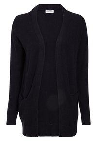 Cardigan noir avec un devant ouvert, en maille texturée, à manches longues et deux poches avant. Aucun bouton ni fermoir visible.