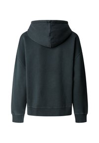 Haut à capuche gris foncé, en tissu doux, coupe décontractée. Présente une capuche et des poignets côtelés. L'arrière est dépouillé avec des détails de couture minimalistes.