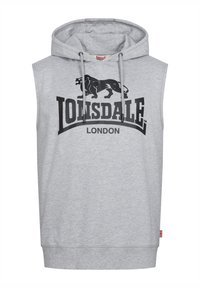 Gray sleeveless hoodie with a front kangaroo pocket, featuring a black lion graphic and “Lonsdale” text printed in bold above “London.”