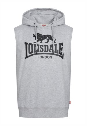 Gray sleeveless hoodie with a front kangaroo pocket, featuring a black lion graphic and “Lonsdale” text printed in bold above “London.”