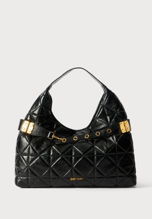 Must mustriga nahkhoogustikuhule kott, millel on pehme disain, kuldne riistvaraga aktsent ja reguleeritav rihm ringikujuliste lõigetega.