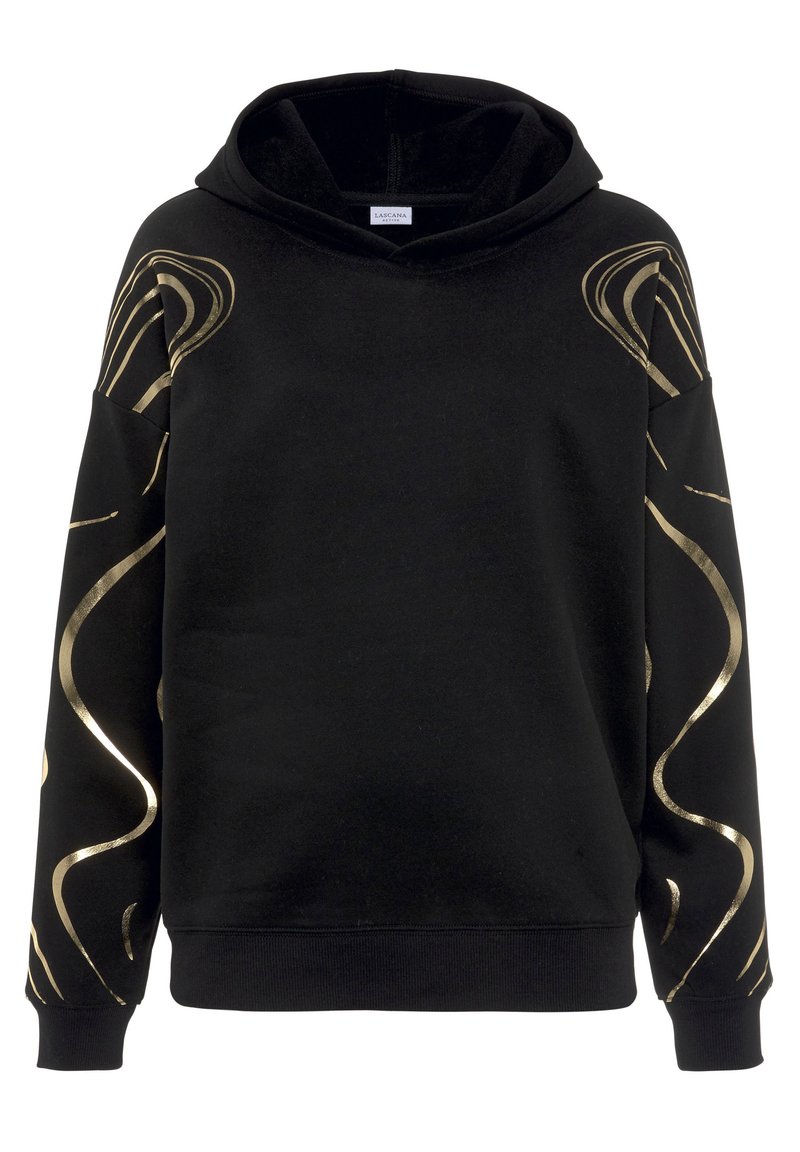 Schwarzer Hoodie mit goldenen, spiralförmigen Verzierungen an den Schultern, aus weichem Stoff gefertigt. Verfügt über eine Kapuze mit Kordelzug und gerippte Bündchen.