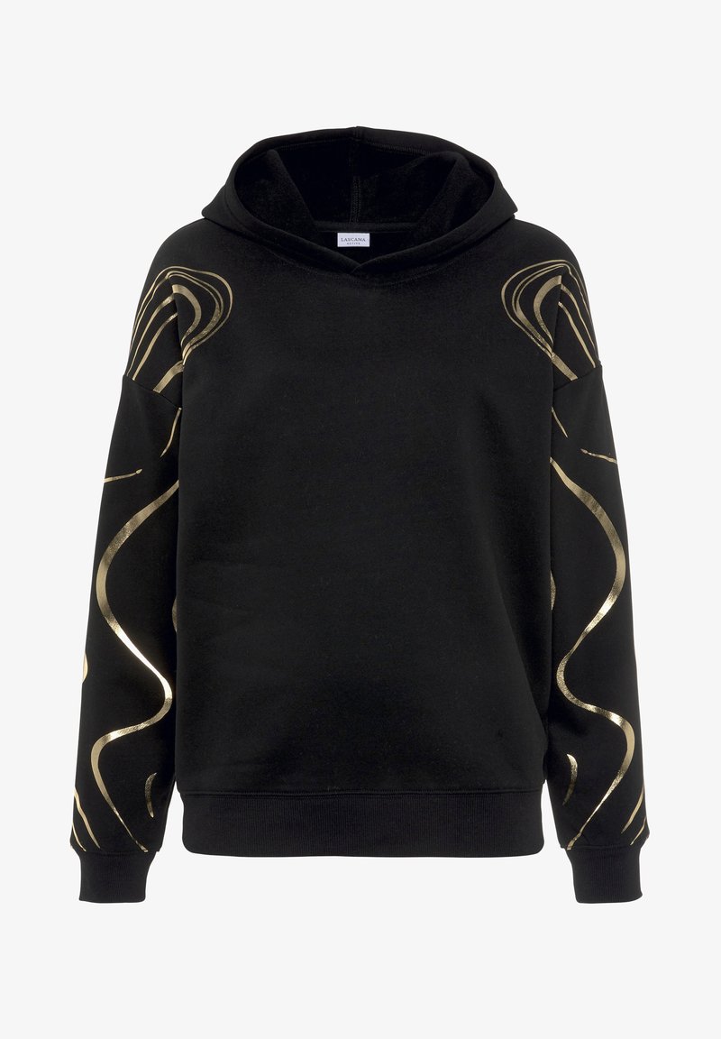 Schwarzer Hoodie mit goldenen, spiralförmigen Verzierungen an den Schultern, aus weichem Stoff gefertigt. Verfügt über eine Kapuze mit Kordelzug und gerippte Bündchen.