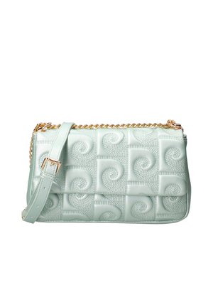 Borsa a spalla trapuntata verde menta con motivo a spirale impresso, hardware in metallo dorato e tracolla regolabile. Texture liscia, forma rettangolare.