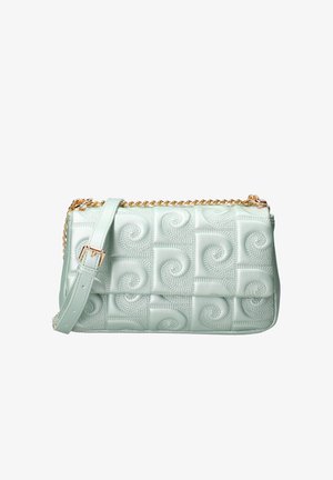 Borsa a spalla trapuntata verde menta con motivo a spirale impresso, hardware in metallo dorato e tracolla regolabile. Texture liscia, forma rettangolare.
