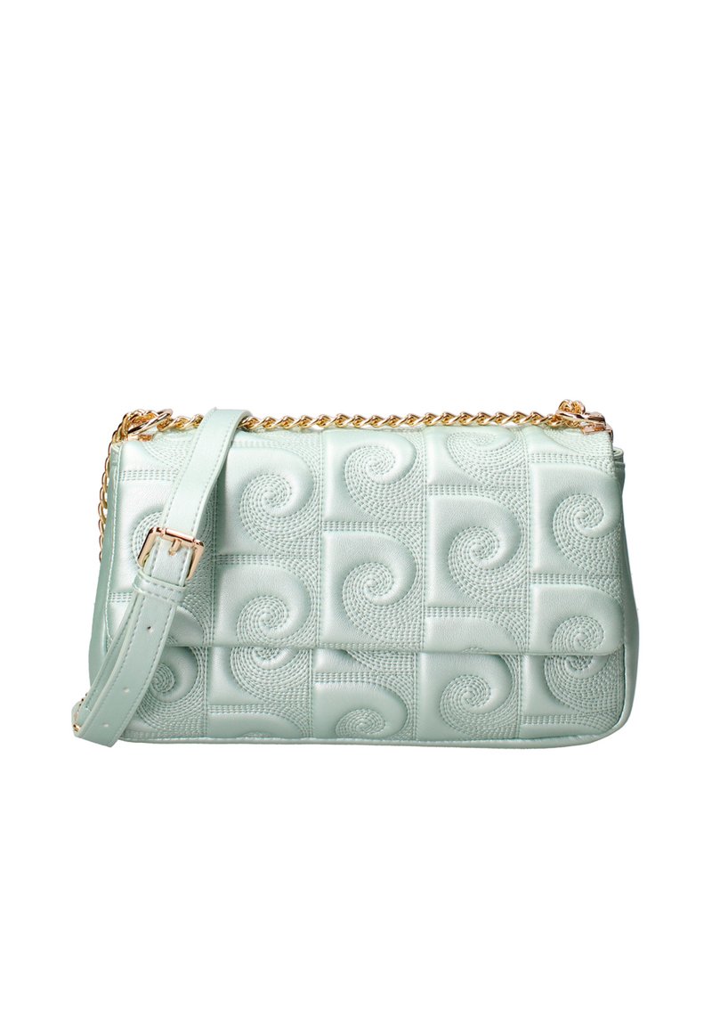 Borsa a spalla trapuntata verde menta con motivo a spirale impresso, hardware in metallo dorato e tracolla regolabile. Texture liscia, forma rettangolare.
