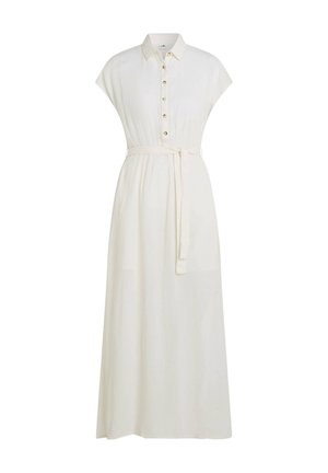 Witte, geribbelde maxi-jurk met knopen aan de voorkant, korte capmouwen en een stoffen ceintuur in de taille. Heeft een klassieke kraag en een gladde textuur.