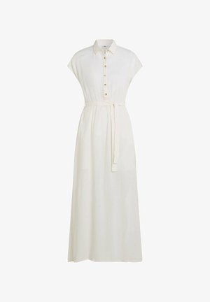 Witte, geribbelde maxi-jurk met knopen aan de voorkant, korte capmouwen en een stoffen ceintuur in de taille. Heeft een klassieke kraag en een gladde textuur.