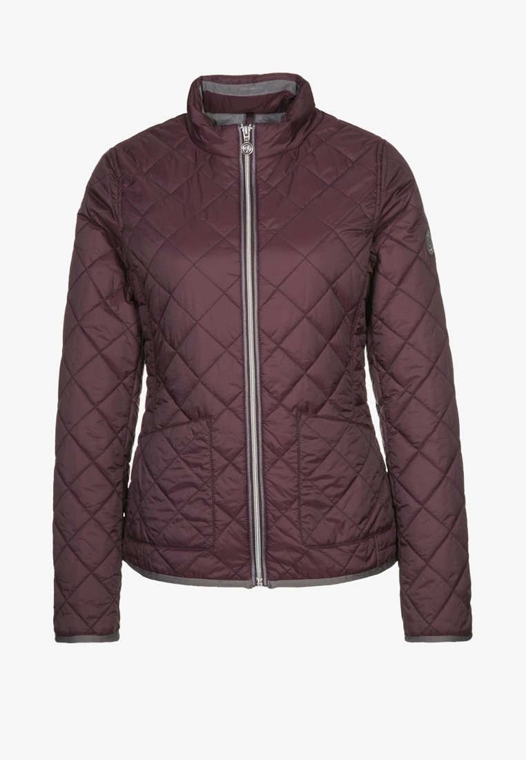 Veste matelassée violet foncé avec fermeture éclair devant sur toute la longueur, col haut, manches longues et poches plaquées à l’avant.