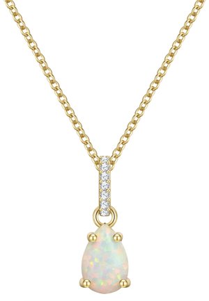 Collana in oro con pendente in opale a forma di pera dai toni iridescenti, accentuato da una fila di piccole pietre trasparenti.
