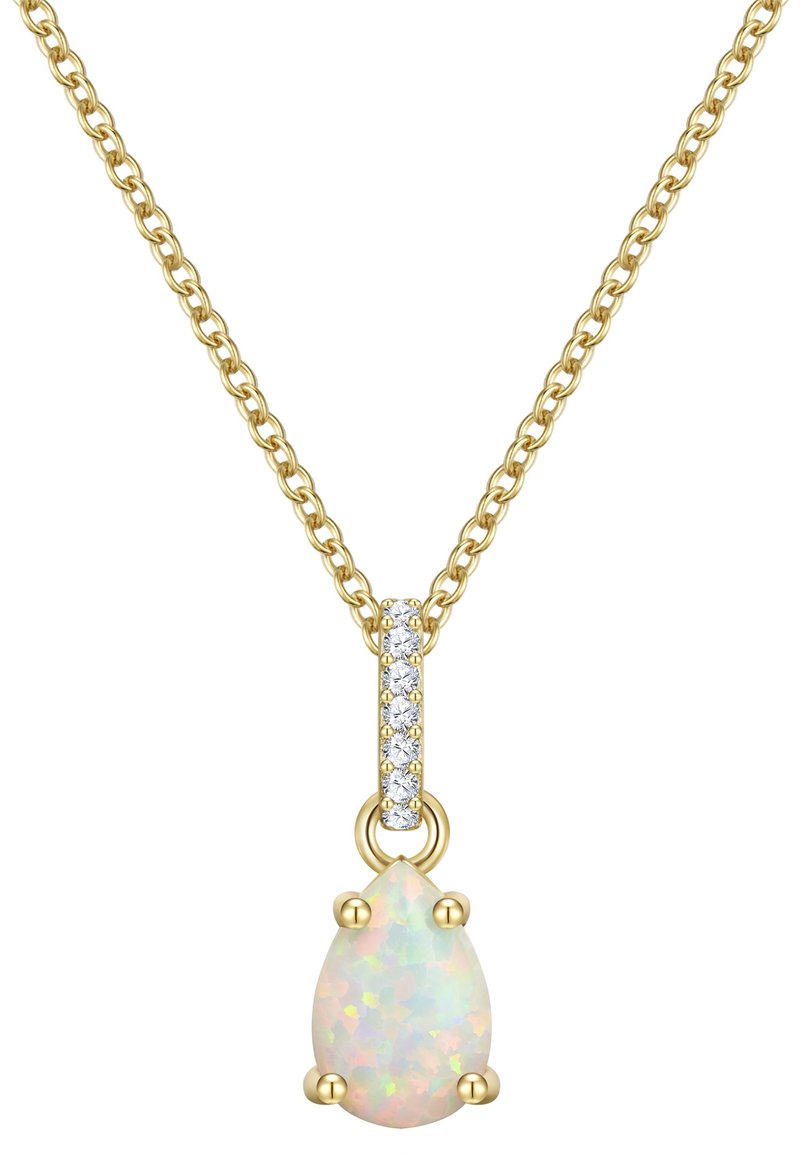 Zelta ķēdes kaklarota ar bumbierveida opālu piekariņu ar kairinošiem toņiem, ko akcentē rinda ar mazām caurspīdīgām akmeņu.