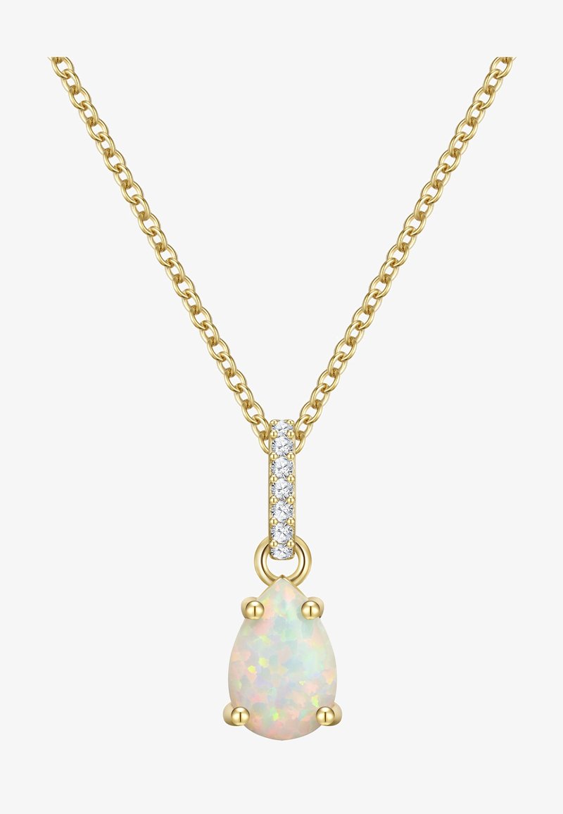 Zelta ķēdes kaklarota ar bumbierveida opālu piekariņu ar kairinošiem toņiem, ko akcentē rinda ar mazām caurspīdīgām akmeņu.