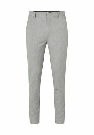 Hellgraue Slim-Fit-Hose mit Gürtelschlaufen, Vordertaschen und einem sauberen, maßgeschneiderten Design.