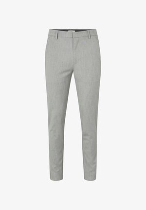 Hellgraue Slim-Fit-Hose mit Gürtelschlaufen, Vordertaschen und einem sauberen, maßgeschneiderten Design.
