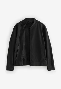 Schwarze Bomberjacke mit gerippten Bündchen und Taillenbund, ausgestattet mit einem Reißverschluss vorne und seitlichen Taschen. Hergestellt aus glattem, strapazierfähigem Material.