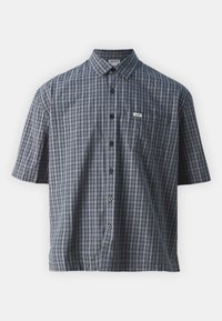 Short-sleeve, button-up shirt in blue and gray plaid. Features a chest pocket and a brand tag, made from lightweight fabric.