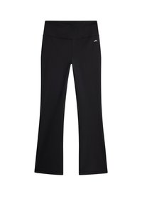 Svarta utsvängda leggings gjorda av ett töjbart, slätt tyg med en bred midjeresår och en liten logotyp på höften.