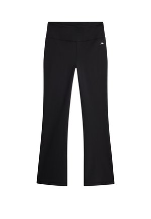 Schwarze, ausgestellte Leggings aus einem dehnbaren, glatten Stoff mit einem breiten Bund und einem kleinen Logo-Detail an der Hüfte.