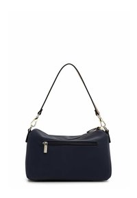 Marineblaue Schultertasche aus glattem Material, mit einem kurzen Trageriemen, einem Reißverschlusstasche und silbernen Hardware-Details.