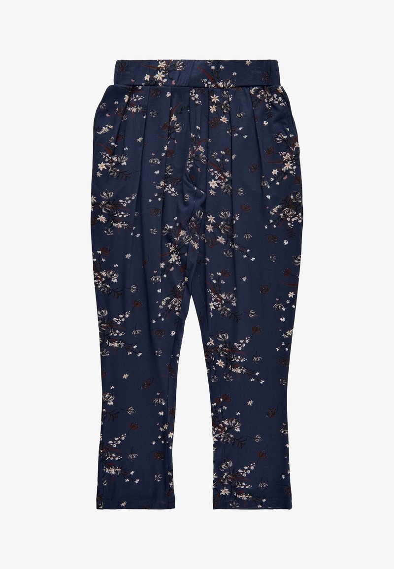 Pantalon bleu marine à motifs floraux avec une coupe décontractée, doté d'une taille élastique et de délicats motifs floraux en rose pâle et crème sur un tissu lisse.