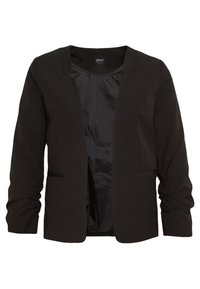 Černý blazer s hladkým povrchem, otevřeným předním dílem a dlouhými rukávy s nabíranými detaily. Obsahuje dvě přední kapsy.