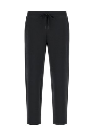 Black sweatpants made from a soft fabric, featuring an elastic waistband with drawstring, tapered legs, and no visible pockets.
