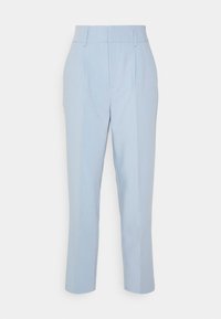 Světle modré kalhoty na míru s vysokým pasem, dvěma předními sklady a hladkou texturou. Vyznačují se čistým, minimalistickým designem a délka k zápěstí.