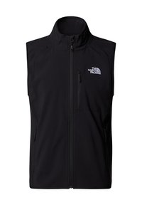 Black softshell vest with a high collar, front zip, and left chest pocket featuring a logo. Sleek design with minimal seams and textured fabric.