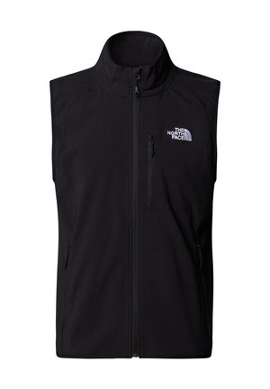 Chaleco softshell negro con cuello alto, cierre frontal y bolsillo en el pecho izquierdo con un logo. Diseño elegante con costuras mínimas y tejido texturizado.