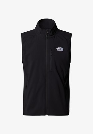 Schwarze Softshell-Weste mit hohem Kragen, Frontreißverschluss und linker Brusttasche mit Logo. Schlankes Design mit minimalen Nähten und strukturiertem Stoff.