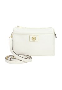 Borsa a tracolla bianca in pelle con finitura textured, dettagli in metallo dorato, chiusura con zip e tracolla regolabile. Presenta una chiusura frontale rettangolare.