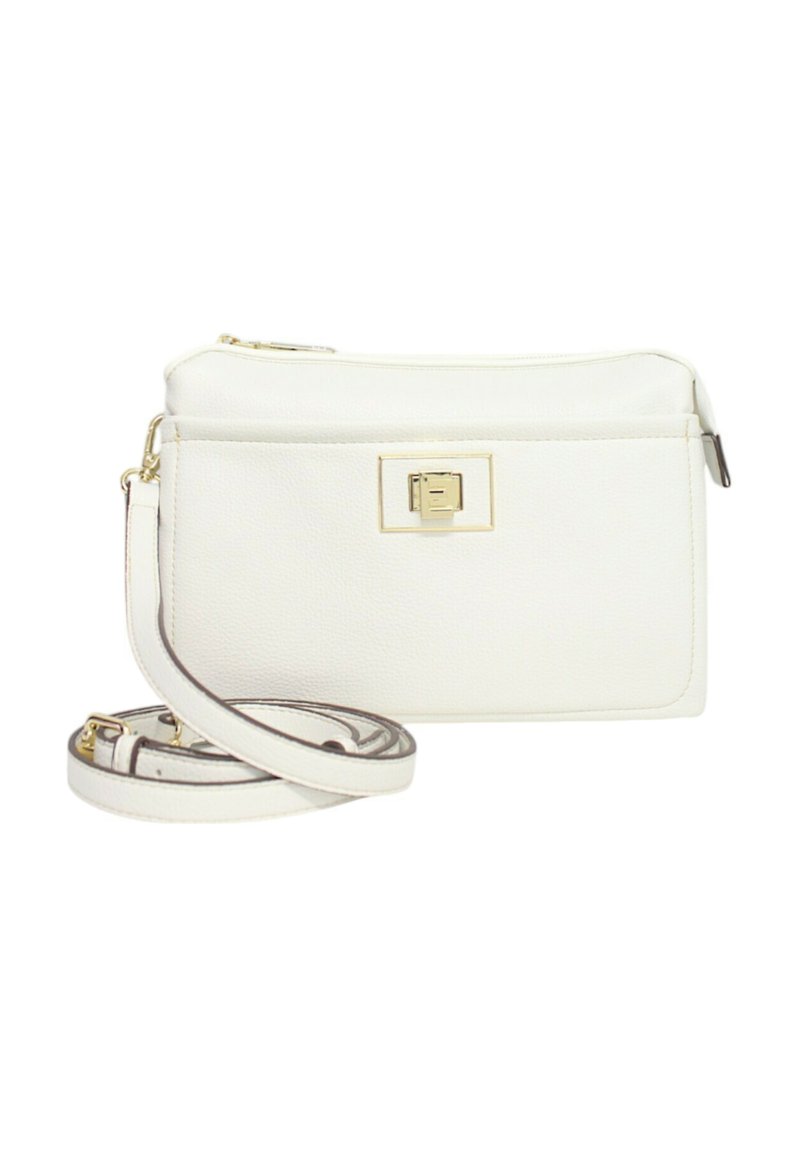 Borsa a tracolla bianca in pelle con finitura textured, dettagli in metallo dorato, chiusura con zip e tracolla regolabile. Presenta una chiusura frontale rettangolare.